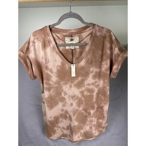 Cupio Women's V-Neck Ti-Dye T-Shirt Relaxed Fit Brown Beige Casual Top